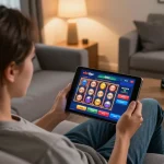 Player enjoying abc8go online slots on a tablet in a cozy living room setting.