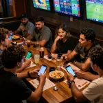 Friends analyzing kèo nhà cái odds in a lively sports bar while placing bets on mobile apps.