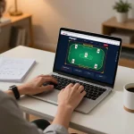 Engaged player using the dagago online casino app with virtual poker game displayed on laptop