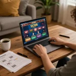 Person playing SC88 casino games on a laptop in a cozy home environment, showcasing online gambling.