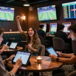 Fans enjoying sports betting excitement at 999bet's modern lounge with screens displaying odds.