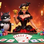 Engage in poker excitement at shbet1 with an elegant woman and her phantom cat companion amidst vibrant casino elements.