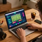 Engaging in sports betting with 23win, analyzing odds and game stats on a laptop.