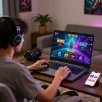 Excited gamer enjoying the Sun Win platform on a laptop in a cozy home setting, surrounded by gaming accessories and vibrant graphics.