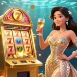 Engage in thrilling gameplay at sunwin with a glamorous woman celebrating near a jackpot slot machine.