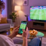Mubet player enjoys online sports betting on smartphone during home game night.