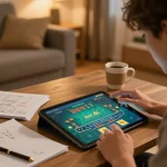 Xóc đĩa online gameplay with player intensely engaged in tablet game, highlighting strategic practice and excitement.