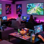 Engaging gaming lounge scene showcasing friends playing NSFW APK games with vibrant lighting and snacks.