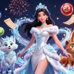 Engaging view of a vibrant scene showcasing Nhà cái uy tÃn, featuring colorful lottery elements and a glamorous ice queen.