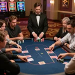 Intense poker gameplay at 88AA com's upscale casino table, players engaged with cards and chips.