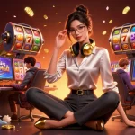 Experience ดูหนังออนไลน์ action with a stylish gamer engaged in captivating slot games.