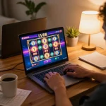 Engaged player enjoying LV88 online slots from a cozy home setup with strategy notes.