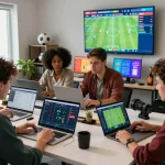 Active sports analysts using nowgoal for live football scores and betting insights in a collaborative workspace.