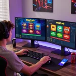 Engaged gamer at hit club online betting platform in a stylish home office setting.