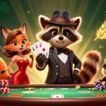 vic88 showcases a captivating poker scene with a suave raccoon, charming fox, and bouncer amid dynamic casino elements.