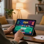 Player enjoying online casino games with MM88 TODAY on tablet, surrounded by personal space and notes.