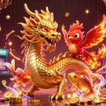 Experience the thrill of สล็อต with this dynamic 3D illustration featuring a golden dragon, phoenix, and koi fish.