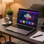 Giao diện trò chơi trực tuyến B52club hiển thị trên một chiếc laptop trong môi trường ấm cúng tại nhà, giới thiệu về cá cược chiến lược.