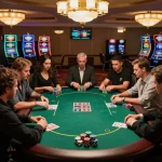 Players engaging in high-stakes poker at hay88 casino, showcasing dynamic gameplay and luxury.