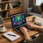 Person engaged in online gaming at home with 789p, showcasing casino game interface and strategic notes