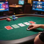 Players engaged in a thrilling online poker game using tr88, showcasing vibrant cards and chips on a digital table.