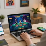 Engaged player enjoying online casino games with fly88 interface on laptop at home desk