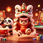 Nổ hũ jackpot scene featuring animated lion dance, drumming panda, and vibrant casino elements