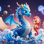 Win big at computime with dynamic lottery action featuring a vibrant azure dragon and colorful game elements.