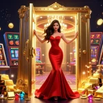 Spin to win at rr88, a vibrant casino-themed illustration showcasing a glamorous Asian woman with jewels and jackpot elements.