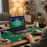 Player enjoying an online blackjack game at home on 99OK, with engaging interface and comfortable setup.