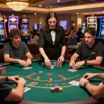 Exciting moment at trang chá»§ 555win with players engaged in a high-stakes blackjack game.