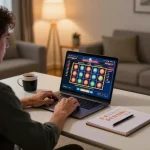 Player enjoying a dynamic online gaming session with xx88 on a stylish laptop, showcasing excitement.