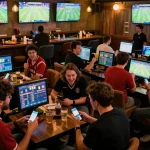 Engaging in sports betting excitement at bong99 with screens, friends, and dynamic environment.