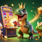 Join 99win's casino adventure with cartoon dinosaurs, slot machines, and golden treasures!