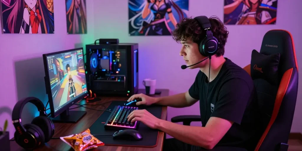Gamer immersed in a thrilling hentai game experience with vibrant RGB lighting and gaming gear.
