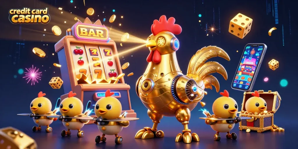 Engage with the vibrant world of a credit card casino featuring a golden rooster robot amidst dynamic gaming elements.