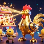 Engage with the vibrant world of a credit card casino featuring a golden rooster robot amidst dynamic gaming elements.