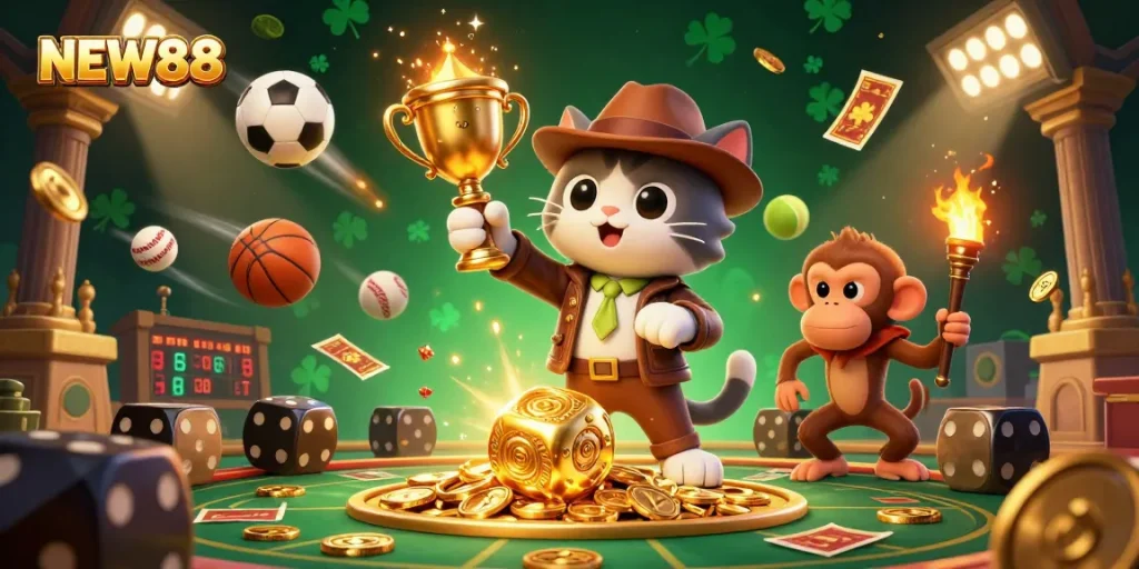 Betting on NEW88 with an explorer cat uncovering a treasure in a vibrant 3D gambling temple.