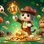 Betting on NEW88 with an explorer cat uncovering a treasure in a vibrant 3D gambling temple.