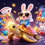 Spin and win with ev99, showcasing a lucky rabbit and golden turtle in a vibrant casino scene.