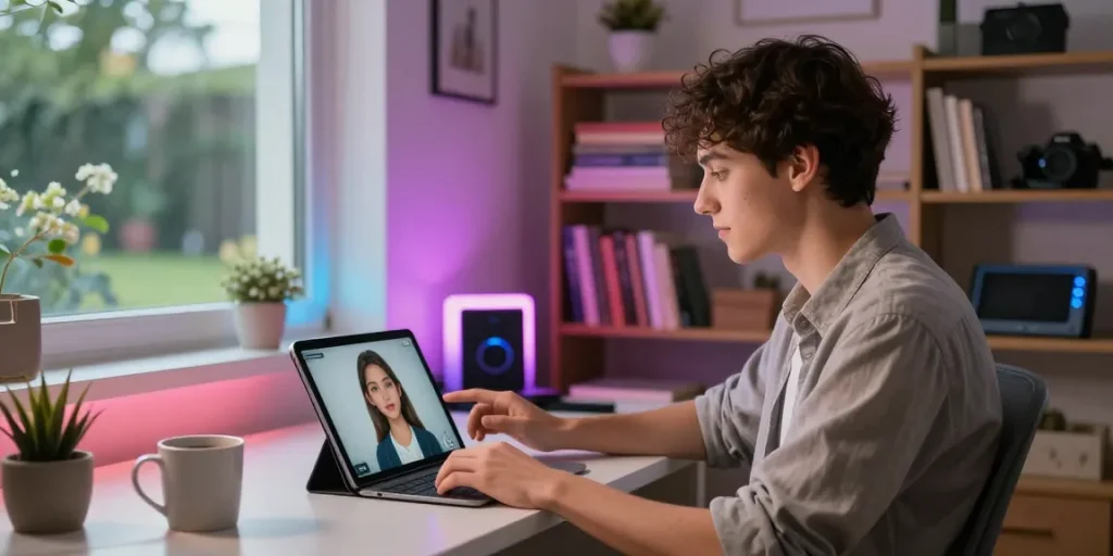 Engaging conversation with an AI girlfriend in a modern home office setting