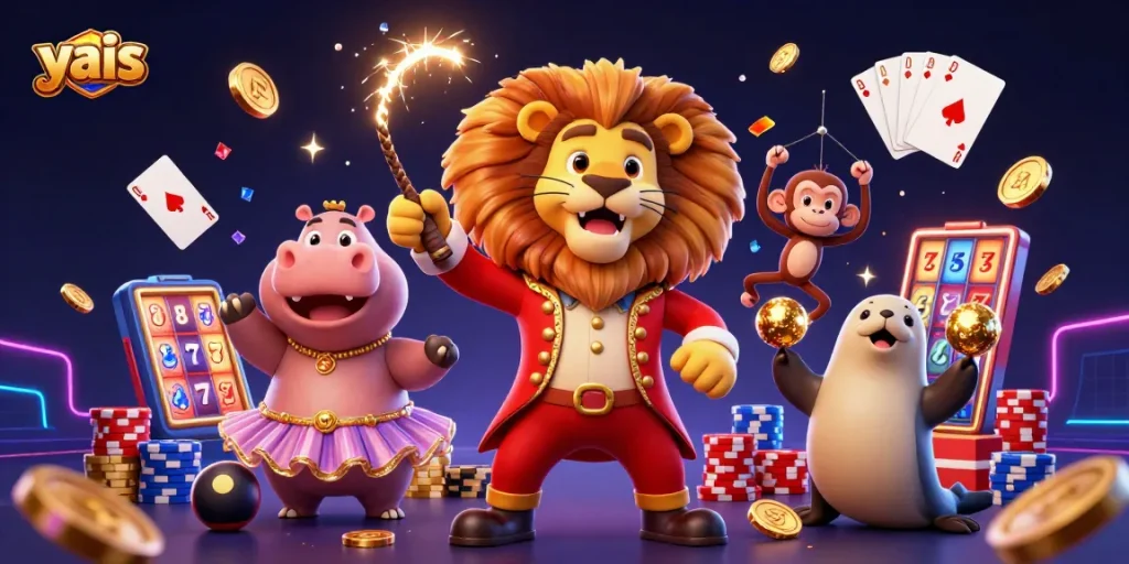 Join the fun at yais, showcasing a vibrant circus of gambling with lively characters and casino games.