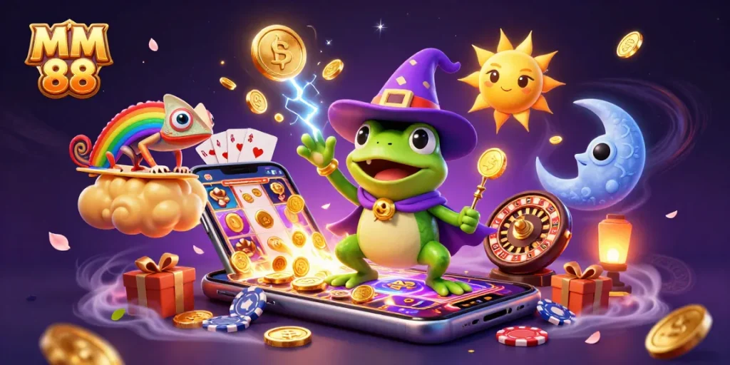 Experience winning with MM 88 in a vibrant casino scene filled with coins and gaming excitement.