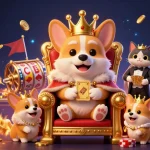 Engaging scene with corgi royalty at casino u888, featuring golden cards and vibrant game elements.