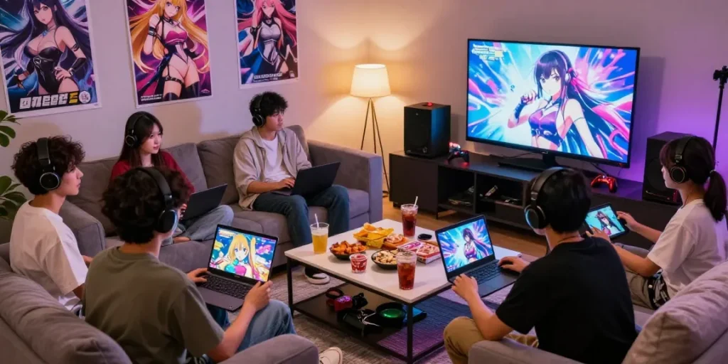 Friends enjoying hentai games online in a cozy gaming lounge, showcasing a lively gaming atmosphere.