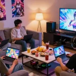 Friends enjoying hentai games online in a cozy gaming lounge, showcasing a lively gaming atmosphere.