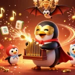 Experience thrilling wins at bl555 with a vibrant casino scene featuring a dancing penguin and acrobatic bat.