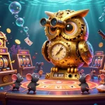 Experience thrills at situs slot with a vibrant illustration of a golden owl, slot machines, and charming patrons.