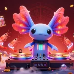 Experience rs88 gaming thrills with a vibrant 3D illustration of an axolotl DJ and casino elements.