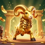 Experience thrilling action with 13winmay, featuring a golden ram amidst swirling game elements and dynamic betting tokens.